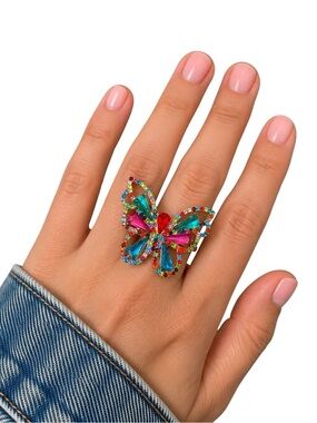 Multicolor Crystal Butterfly Statement Ring - Designer Style